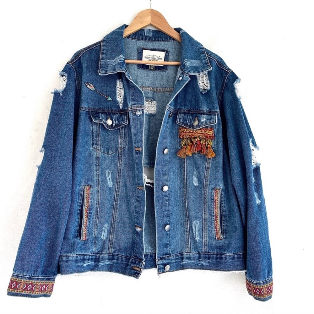 Ashley-Vintage-Charm Destroyed Distressed Denim Jacket w Tassels & Embroidery 1X
